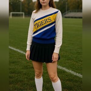 Vtg 60s Dehen Varsity Cheer Sweater S Romanticized Sports Blue Gold USA Preppy